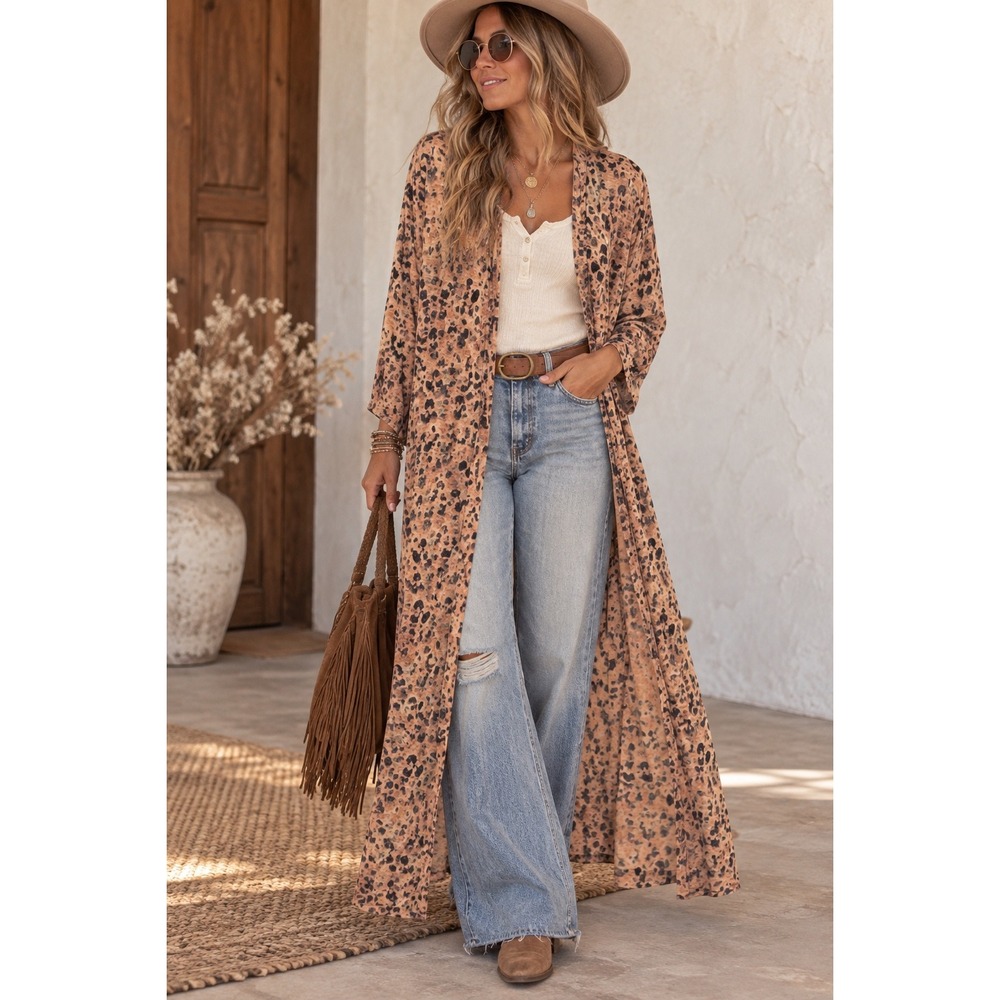 Intimately Free People Leopard Print Maxi Duster Cardigan Dress Small Pockets